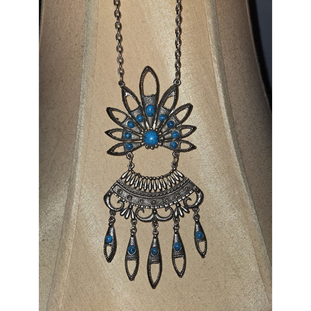 Vintage 70s Boho Faux Turquoise Chandelier Statement Southwestern Necklace 24"